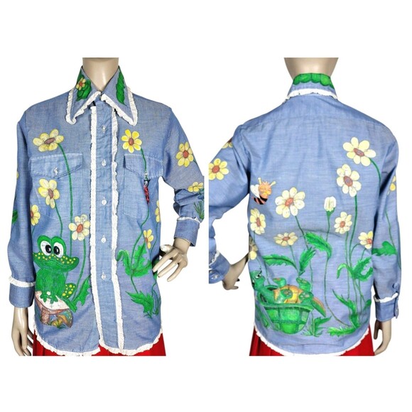 VTG 70s Artsy Hand Painted Eyelet Lace Trim Frog Turtle Ladybug Bee Flowers Top - Picture 1 of 16